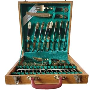 Vintage Siam Flatware Bronze/Brass Complete 29 Piece Set w/ Wood Turquoise Case